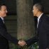 President Barack Obama shakes hands with Britain's Prime Minister David Cameron on arrival for the G8 Summit Friday, May 18, 2012 at Camp David, Md. (AP Photo/Charles Dharapak)