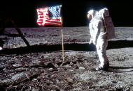 Astronaut Edwin 'Buzz' Aldrin poses next to the U.S. flag July 20, 1969 on the moon during the Apollo 11 mission. (Photo by NASA/Liaison)