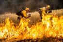 Firefighters work to dig a fire line on the Rocky Fire in Lake County, California