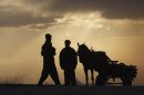 Men chat near a horse cart during sunset on the outskirts of Kabul