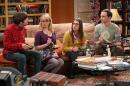 This image released by CBS shows, from left, Simon Helberg, Melissa Rauch, Mayim Bialik and Jim Parsons in a scene from "The Big Bang Theory." CBS says it's renewing its hit comedy "The Big Bang Theory" for three more years. This extraordinary deal would carry TV's most-watched sitcom through the 2016-2017 season, the series' tenth on the air. "The Big Bang Theory" premiered in September 2007, and has been a ratings smash for virtually its entire run. This season it has averaged nearly 20 million viewers each week. (AP Photo/CBS, Michael Yarish)