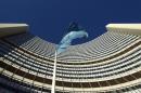 The flag of the International Atomic Energy Agency IAEA flies in front of its headquarters during a board of governors meeting in Vienna