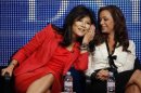 Co-hosts Julie Chen and Leah Remini joke during the CBS, Showtime and the CW Television Critics Association press tour in Beverly Hills