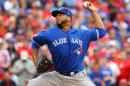 Francisco Liriano of the Toronto Blue Jays delivers pitch against the Texas Rangers in the eighth inning of game two of the American League Divison Series, at Globe Life Park in Arlington, Texas, on October 7, 2016