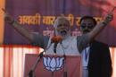Hindu nationalist Modi prime ministerial candidate for the main opposition BJP gestures as he address a rally in Gurgaon