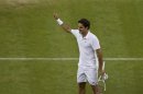 Roger Federer of Switzerland celebrates after defeating Julien Benneteau of France in their men's singles tennis match at the Wimbledon tennis championships in London