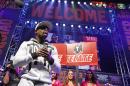 Boxer Floyd Mayweather Jr. speaks during an arrival ceremony Tuesday, April 28, 2015, in Las Vegas. Mayweather will face Manny Pacquiao in a welterweight boxing match in Las Vegas on May 2. (AP Photo/John Locher)