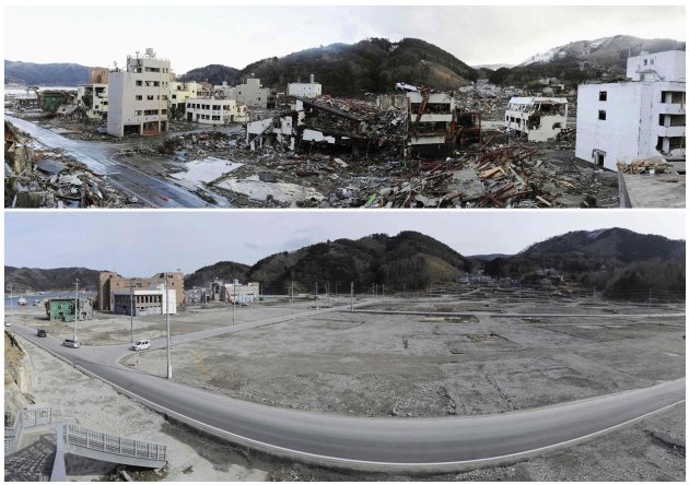 Combo photo shows the tsunami-devastated …