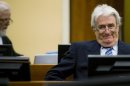 Former Bosnian Serb leader Karadzic sits in the courtroom on the first day of his defense against war crime charges at the International Criminal Tribunal for the Former Yugoslavia in The Hague