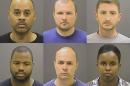 This file photo provided by the Baltimore Police Department on Friday, May 1, 2015 shows, top row from left, Caesar R. Goodson Jr., Garrett E. Miller and Edward M. Nero, and bottom row from left, William G. Porter, Brian W. Rice and Alicia D. White, the six police officers charged with felonies ranging from assault to murder in the death of Freddie Gray. Attorneys for the six officers asked a judge Friday, May 8, 2015, to dismiss the case or assign it to someone other than the city's top prosecutor, who they say has too many conflicts of interest to remain objective.(Baltimore Police Department via AP, File)