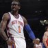 New York Knicks' Amare Stoudemire (1) reacts to the crowd after scoring during the first half of an NBA basketball game against the Detroit Pistons, Saturday, March 24, 2012, in New York. (AP Photo/Frank Franklin II)