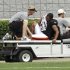 Cleveland Browns punter Reggie Hodges is carted off the field after an injury to his left leg during practice at NFL football training camp, Tuesday, Aug. 2, 2011, in Berea, Ohio. Hodges, one of the AFC's top punters last season, fell without being touched after catching a snap in the back of the end zone during punting drills. (AP Photo/Tony Dejak)