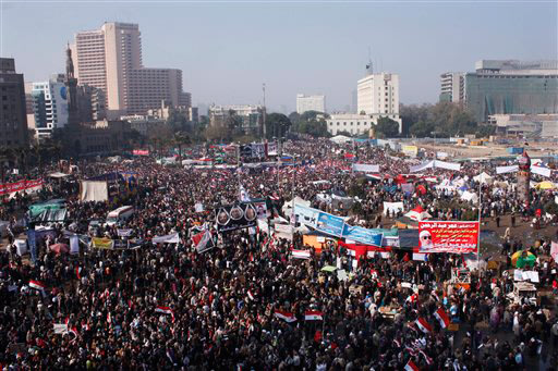 Egyptians gather in Tahrir Square to mark the one year anniversary of the uprising that ousted President Hosni Mubarak in Cairo, Egypt, Wednesday, Jan. 25, 2012.(AP Photo/Nariman El-Mofty)