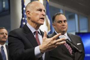 California Governor Brown announces emergency drought legislation at the CalO ES State Operations Center in Mather