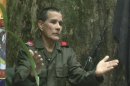 Still image shows Colombian guerrilla group ELN commander Gabino speaking in response to questions from Reuters at a hidden jungle camp