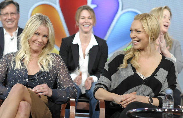 Actress Laura Prepon, right, and actress and comedienne Chelsea Handler speak during the panel discussion for the upcoming sitcom "Are You There, Chelsea?" at the Television Critics Association Winter Press Tour for NBC Universal in Pasadena , Calif. on Friday, Jan. 6, 2012. (AP Photo/Dan Steinberg)