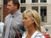 FILE - In this July 6, 2011 file photo, former Major League Baseball pitcher Roger Clemens, left, with his wife Debbie Clemens arrive at federal court in Washington. Debbie Clemens testified Friday that her husband was not present when she received a shot of human growth hormone from Roger Clemens' strength coach _ testimony that contradicts the star pitcher's chief accuser in the perjury trial. (AP Photo/Alex Brandon, File)