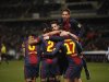 Barcelona's Pedro is congratulated by his teammates after scoring a goal against Malaga during their Spanish King's Cup quarter-final second leg soccer match at La Rosaleda stadium in Malaga