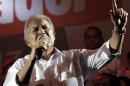 FMLN presidential candidate Sanchez Ceren gives a speech to his supporters, after official election results were released, in San Salvador