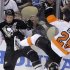 Pittsburgh Penguins' Jordan Staal (11) collides with Philadelphia Flyers' Matt Carle (25) during the third period of Game 2 of an opening-round NHL hockey playoff series in Pittsburgh, Friday, April 13, 2012. The Flyers won 8-5. (AP Photo/Gene J. Puskar)