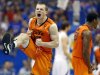 Oklahoma State's Phil Forte celebrates defeating Kansas in an NCAA college basketball game in Lawrence, Kan. on Saturday, Feb. 2, 2013. (AP Photo/The Wichita Eagle, Travis Heying)