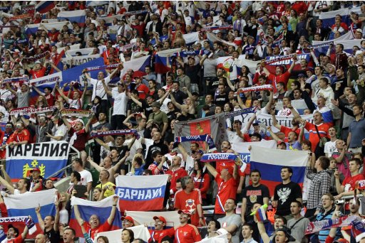Russian fans cheer before the Euro 2012, Group A soccer match between Russia and Czech Republic, in Wroclaw, Poland, Friday, June 8, 2012. (AP Photo/Sergey Ponomarev)