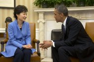 President Barack Obama, right, and South Korean President Park Geun-Hye, left, during their meeting in the Oval Office of the White House in Washington, Tuesday, May 7, 2013. (AP Photo/Pablo Martinez Monsivais)