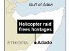 Map locates area around the town of Adado, Somalia, where two hostages were rescued during a helicopter raid.
