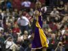 Los Angeles Lakers Bryant watches free throws at end of game against Portland Trail Blazers during NBA game in Portland