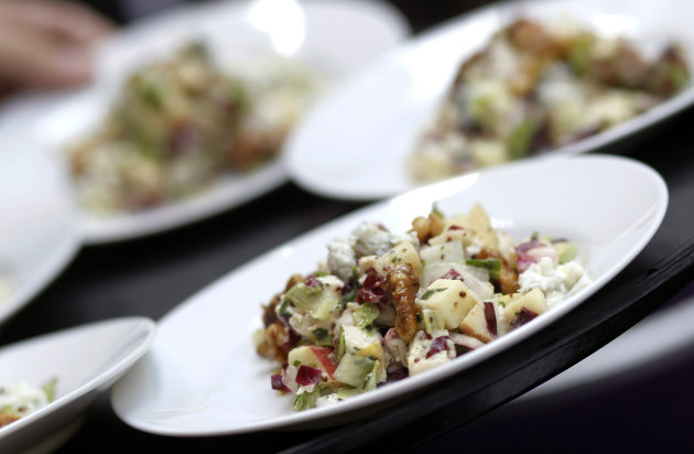In this Oct. 19, 2011 photo, a plate of chopped chicken salad with apples, radicchio, walnuts and whole grain mustard sits on display during the SAG Awards tasting and table decor preview at Lucques restaurant in Los Angeles. The SAG Awards will be held Sunday, Jan. 29, 2012. (AP Photo/Matt Sayles)