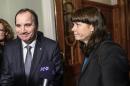 Sweden's Prime Minister Stefan Lofven and Deputy Prime Minister Asa Romson arrive for a meeting during negotiations about the national budget in Stockholm