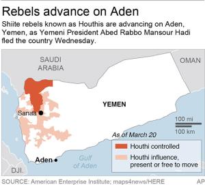 Map locates Aden, Yemen, and shows areas of al Houthi &hellip;