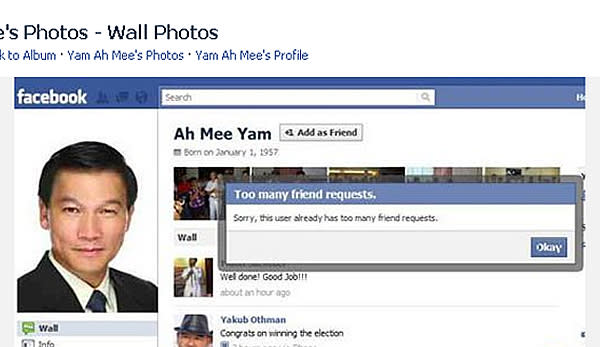 Yam Ah Mee's Facebook page has been flooded with friend requests. (Screengrab)