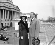 FILE - In this Jan. 4, 1949 file picture, Rep. Gerald R. Ford, Jr. of the Fifth Michigan District, and his wife Betty Ford stand on the inaugural stands in Lansing, Mich. On Friday, July 8, 2011, a family friend said that Betty Ford had died at the age of 93. (AP Photo)