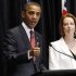 U.S. President Barack Obama and Australian Prime Minister Julia Gillard speak at a joint news conference at Parliament House in Canberra, Australia, Wednesday, Nov. 16, 2011. (AP Photo/Charles Dharapak)