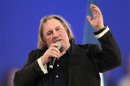 French actor Depardieu delivers a speech during a campaign rally for France's President Nicolas Sarkozy in Villepinte
