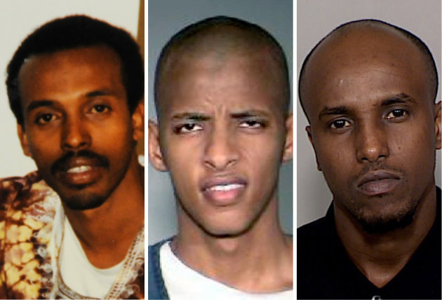 FILE - This combination of undated file photos shows, from left: Mohamud Said Omar, Abdifatah Yusuf Isse and Salah Osman Ahmed. Ahmed and Isse, who are among more than 20 young men who left Minnesota since 2007 to join al-Shabab, are expected to testify against Omar who is accused of helping to send fighters and money to the al-Qaida linked group in Somalia. Omar faces five terror-related charges in a federal a trial in Minneapolis. (AP File Photos)