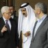 In this photo provided by by the Palestinian President's office, Palestinian President Mahmoud Abbas, left, and Khaled Mashal, chief of the Islamic militant group Hamas, right, confer with Qatar's crown prince Sheik Tamim Bin Hamad Al Thani, center, during a reconciliation meeting in Doha, Qatar, Monday, Feb. 6, 2012. The main Palestinian political rivals took a major step Monday toward healing their bitter rift, agreeing that Abbas would head an interim unity government to prepare for general elections in the West Bank and Gaza. (AP Photo/Thaer Ghanaim, Palestinian President's Office)