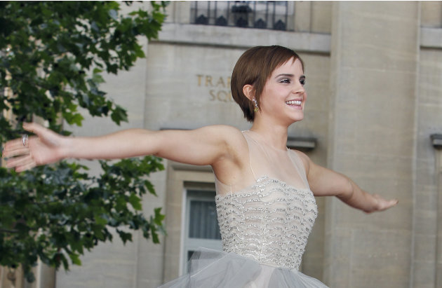 British actress Emma Watson arrives in Trafalgar Square, central London, for the world premiere of Harry Potter and The Deathly Hallows: Part 2, the last film in the series, Thursday, July 7, 2011. (A