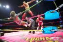 In this Wednesday, Feb. 12, 2014 photo, wrestler Niebla Roja, top, flies over referee Platainitos, to land on wrestler Cassandro, left, during a performance at Lucha VaVoom's Valentine's show at The Mayan Theatre downtown Los Angeles. At right, wrestler, Dr. Maldad. The esoteric hybrid of American burlesque and Mexican wrestling is an outrageous hit. (AP Photo/Damian Dovarganes)