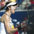 Galina Voskoboeva, of Kazakhstan, reacts after defeating and knocking out Maria Sharapova, of Russia, during the Rogers Cup women's tennis tournament in Toronto on Thursday, Aug. 11, 2011. (AP Photo/The Canadian Press, Nathan Denette)