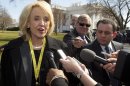 Arizona Gov. Jan Brewer talks to reporters outside the White House in Washington, Monday, Feb. 27, 2012, after she and other members of the National Governors Association attending a meeting with President Barack Obama. (AP Photo/Carolyn Kaster)