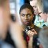 South African runner Semenya talks to journalists during a news conference in Stockholm