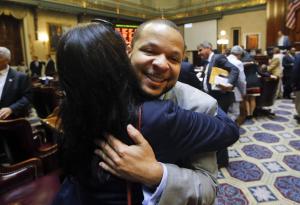 State Rep. John King, right, D-York, hugs a woman after &hellip;