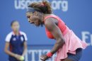 Serena Williams reacts after a point against Victoria Azarenka, of Belarus, during the women's singles final of the 2013 U.S. Open tennis tournament, Sunday, Sept. 8, 2013, in New York. (AP Photo/David Goldman)