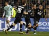 Juventus' Marchisio celebrates with his team mates Lichtsteiner and Vidal after scoring against Celtic during their Champions League soccer match at Celtic Park stadium in Glasgow, Scotland