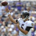 Baltimore Ravens quarterback Joe Flacco throws against the Pittsburgh Steelers in the first half of an NFL football game in Baltimore, Sunday, Sept. 11, 2011. (AP Photo/Gail Burton)