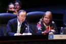 U.N. Secretary General Ban addresses the audience next to United Nations Chef de Cabinet to the Executive Office Malcorra during a session of the CELAC summit in Havana