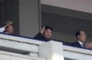 Democratic People's Republic of Korea leader Kim Jong-un and President of the Presidium of the Supreme People's Assembly of DPRK Kim Yong-nam watch a military parade to celebrate the centenary of the birth of DPRK's founder Kim Il-sung in Pyongyang