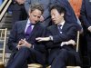 U.S. Treasury Secretary Timothy Geithner, left, speaks with  Japan's Finance Minister Jun Azumi, while waiting during a group photo opportunity at the IMF/World Bank spring meetings in Washington Saturday, April, 21, 2012.